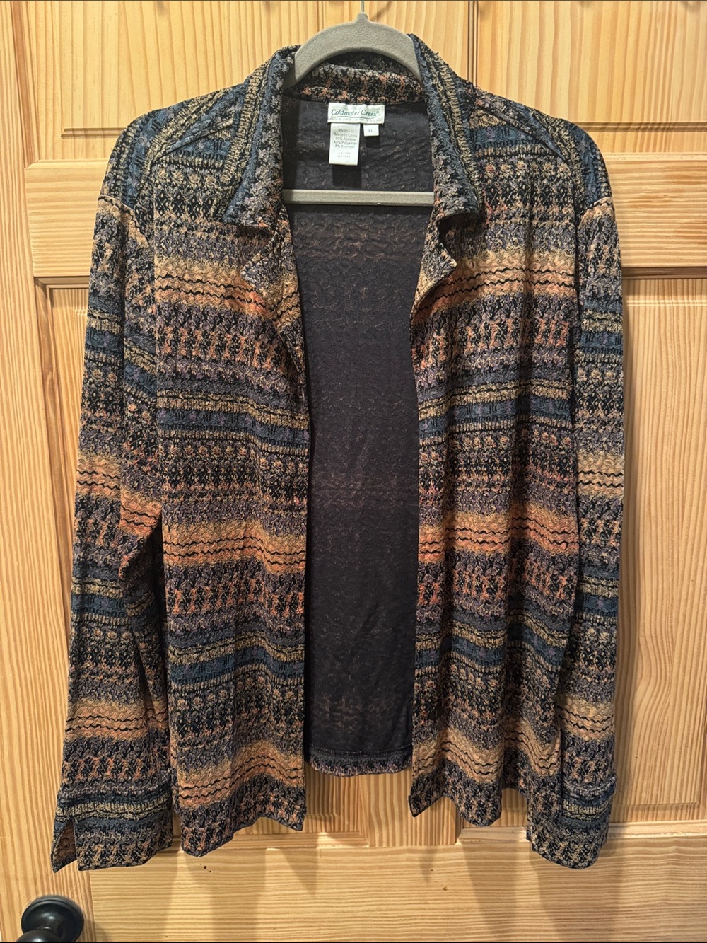 Coldwater Creek Blue and Tan Patterned Open Cardigan